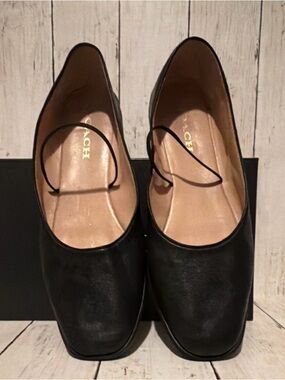 COACH Black Leather Square-Toe Slip-On Flats